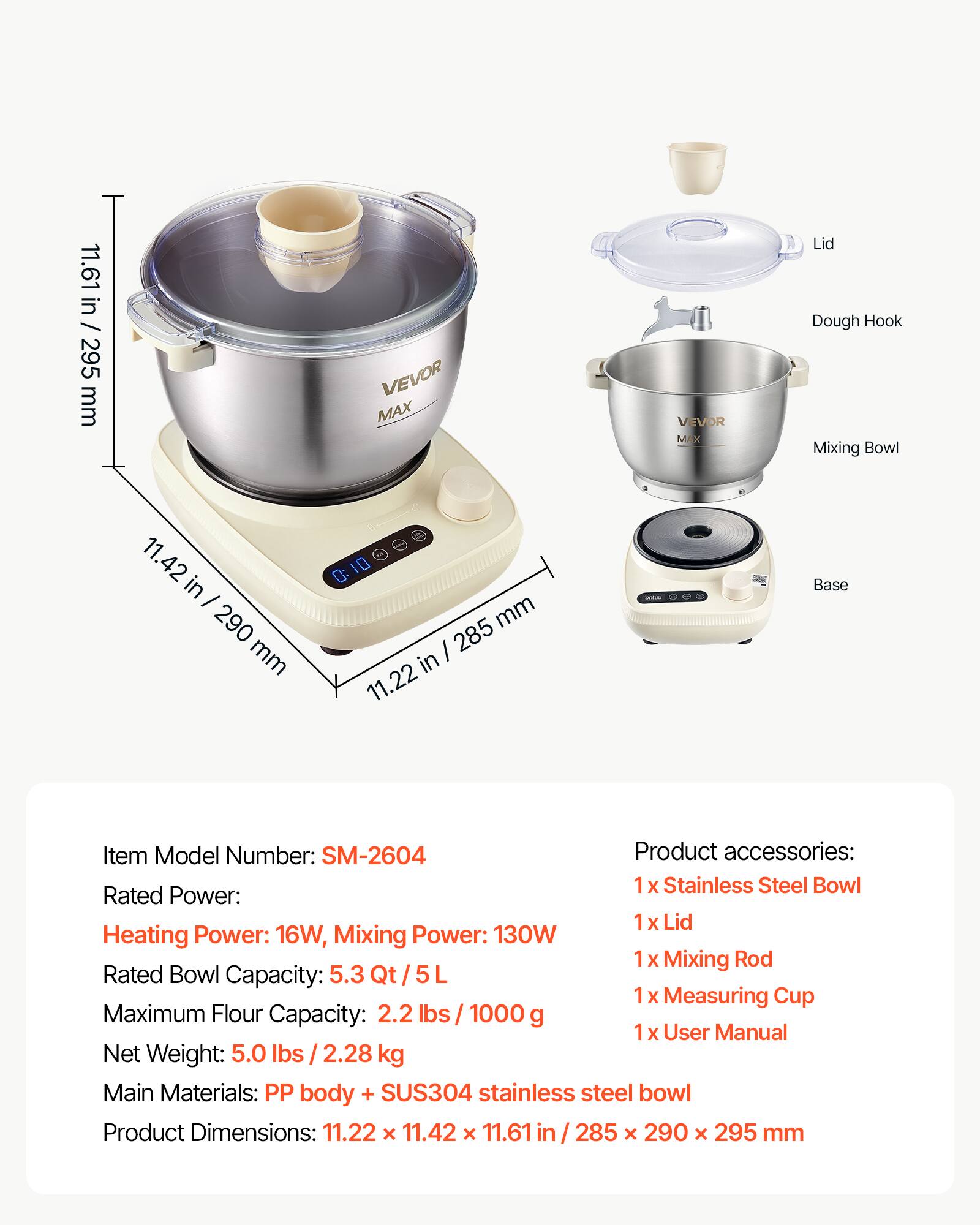 VEVOR Dough Mixer 5.3 Quart Electric Dough Maker with Ferment Function ...