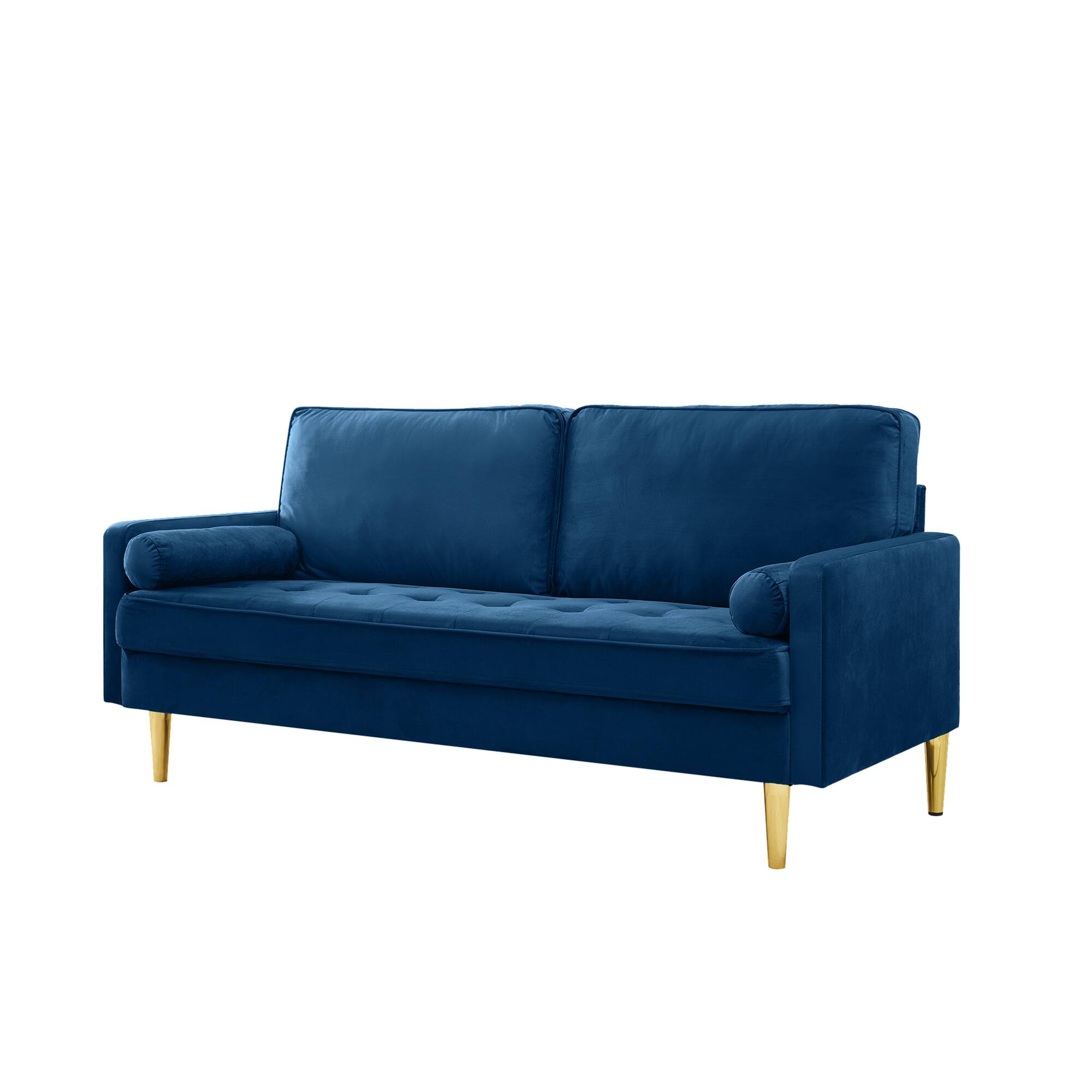Back. GOODSILO - 65-Inch Minimalist Velvet Sofa with Metal Legs and Cushions, Perfect for Living Room or Bedroom - Navy.