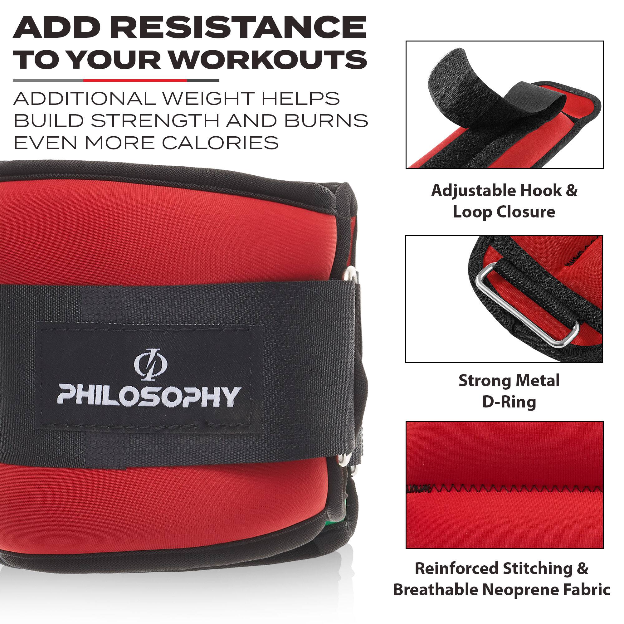 ADD RESISTANCE TO YOUR WORKOUTS  
ADDITIONAL WEIGHT HELPS BUILD STRENGTH AND BURNS EVEN MORE CALORIES  

Adjustable Hook & Loop Closure  
Strong Metal D-Ring  
Reinforced Stitching & Breathable Neoprene Fabric  

PHILOSOPHY