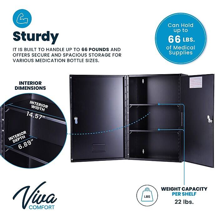 Sturdy, IT IS BUILT TO HANDLE UP TO 66 POUNDS AND OFFERS SECURE AND SPACIOUS STORAGE FOR VARIOUS MEDICATION BOTTLE SIZES. Can Hold up to 66 LBS. of Medical Supplies. INTERIOR DIMENSIONS INTERIOR WIDTH 14.57" INTERIOR DEPTH 6.89". Viva COMFORT LBS WEIGHT CAPACITY PER SHELF 22 lbs.