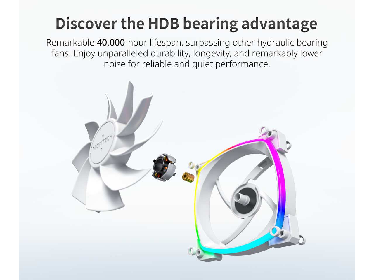 Discover the HDB bearing advantage

Remarkable 40,000-hour lifespan, surpassing other hydraulic bearing fans. Enjoy unparalleled durability, longevity, and remarkably lower noise for reliable and quiet performance.