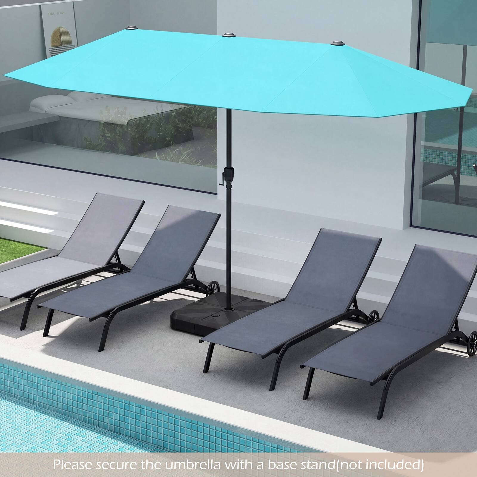 Please secure the umbrella with a base stand (not included).