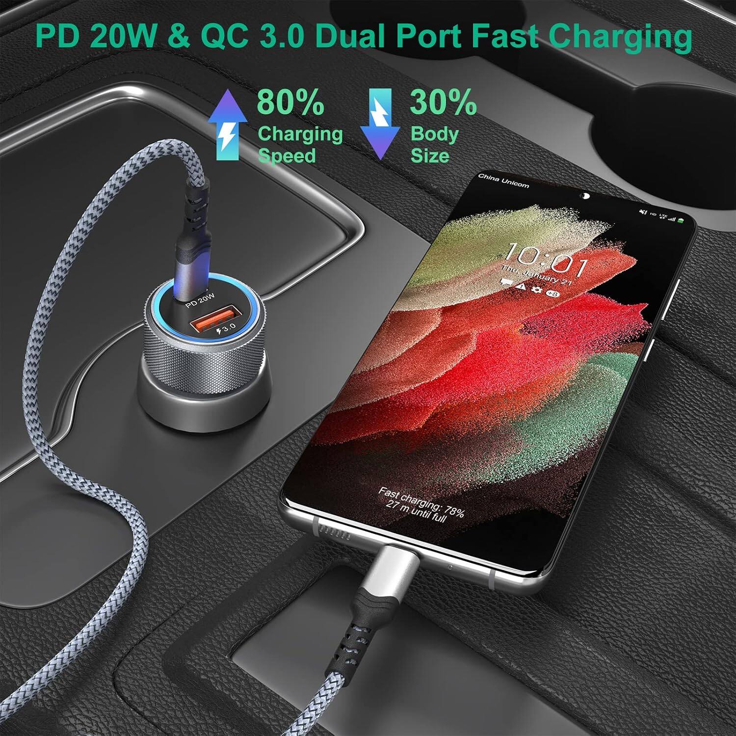 PD 20W & QC 3.0 Dual Port Fast Charging  
80% Charging Speed  
30% Body Size  
China Unicom  
10:01  
Thursday, January 21  
Fast charging: 27 m until 78% full