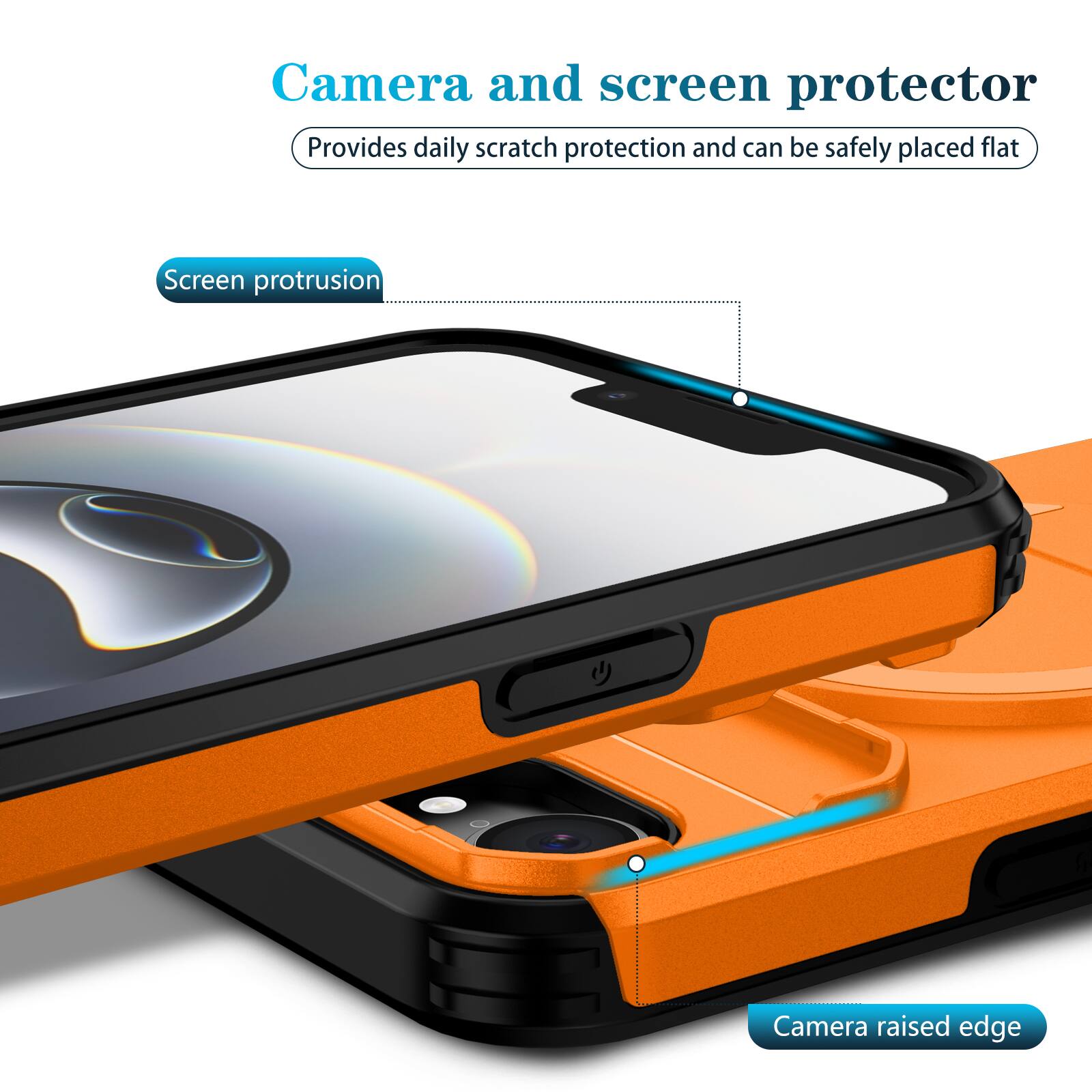 Camera and screen protector  
Provides daily scratch protection and can be safely placed flat  

Screen protrusion  
Camera raised edge