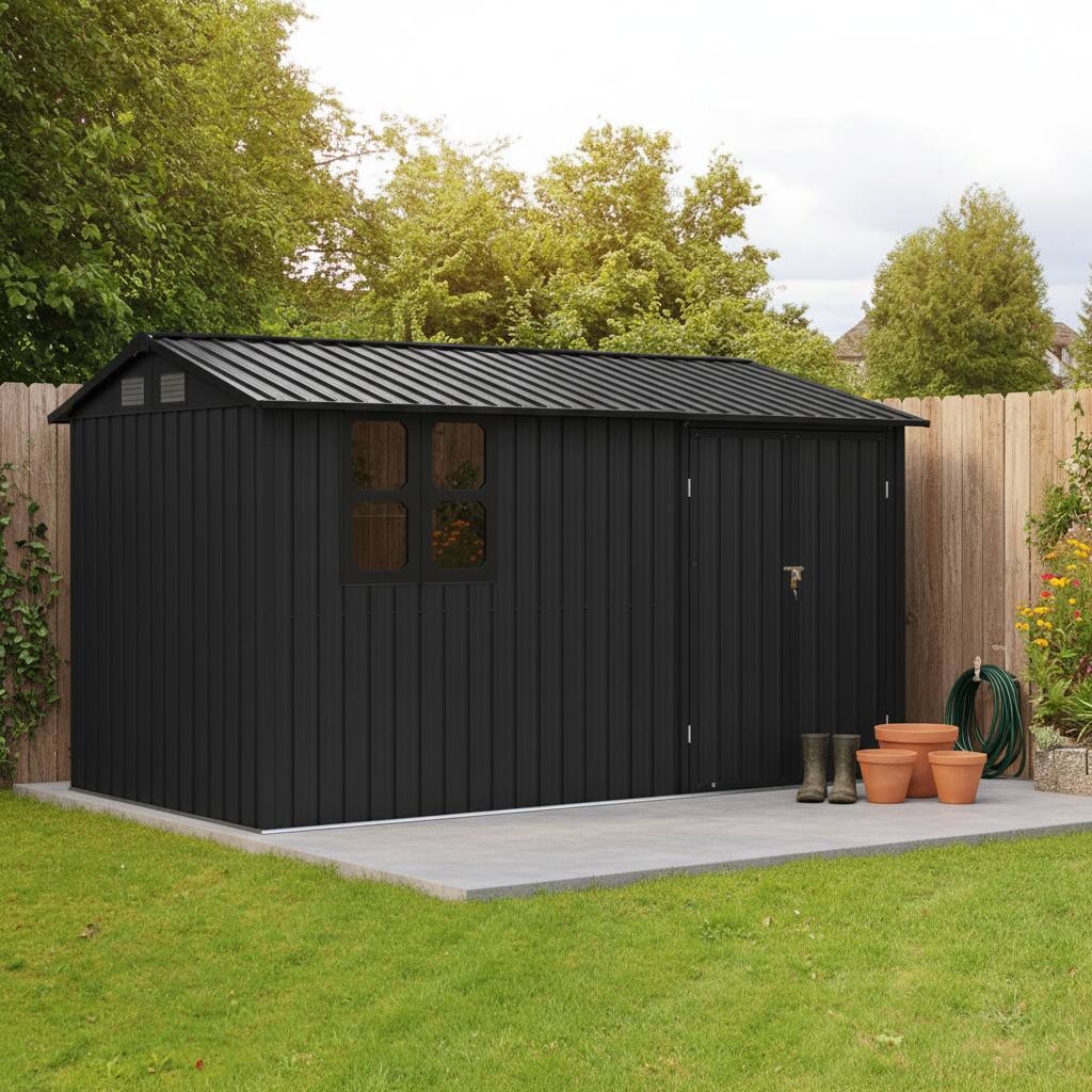 Front. Anysun - 12x10ft Metal Garden Shed with Window, Shelves & Foldable Worktable, Outdoor Storage with Apex Roof & Locking Door - Black.