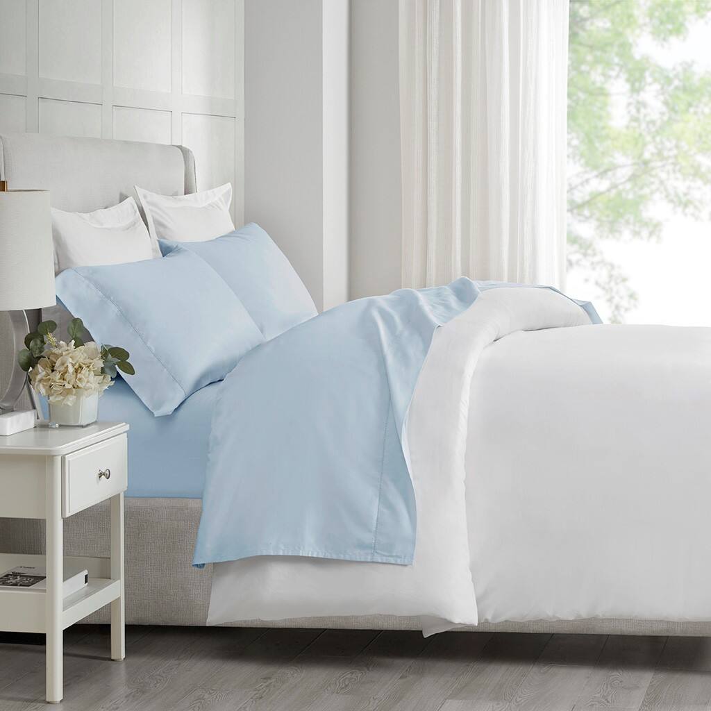 Alt View 1. Gracie Mills - Gracie Mills Evangeline 500TC Deep Pocket Sateen Weave Egyptian Cotton Sheet Set - Blue.