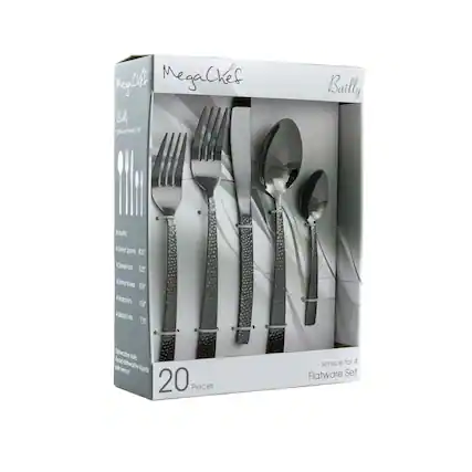 MegaChef Bailly
Includes:
- 4 Dinner Spoons
- 4 Dinner Forks
- 4 Dinner Knives
- 4 Dessert Spoons
- 4 Dessert Forks
- 4 Solid Folks
Dishwasher safe with lemon liquids
20 Pieces
Service for 4 Flatware Set
