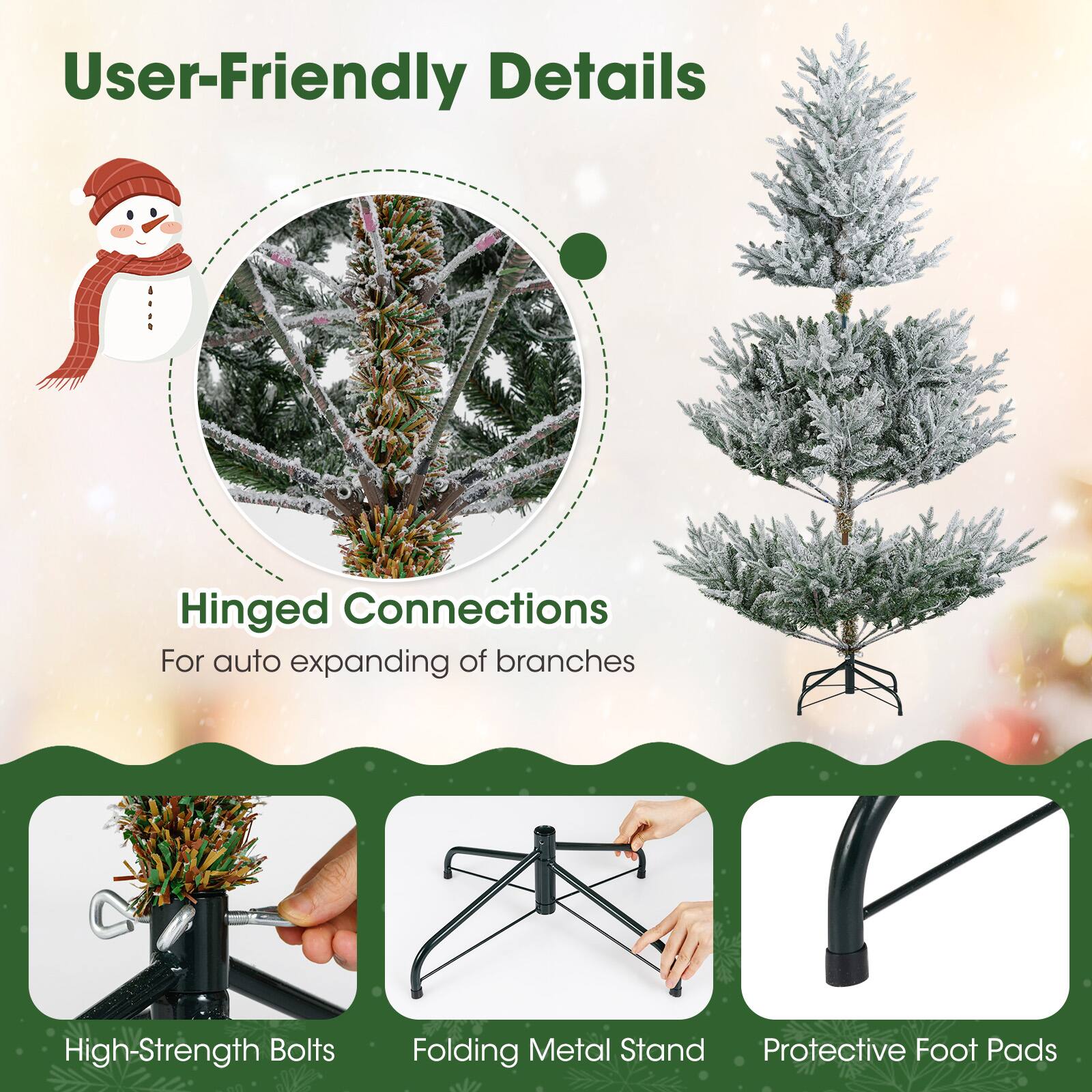 User-Friendly Details

Hinged Connections
For auto expanding of branches

High-Strength Bolts

Folding Metal Stand

Protective Foot Pads