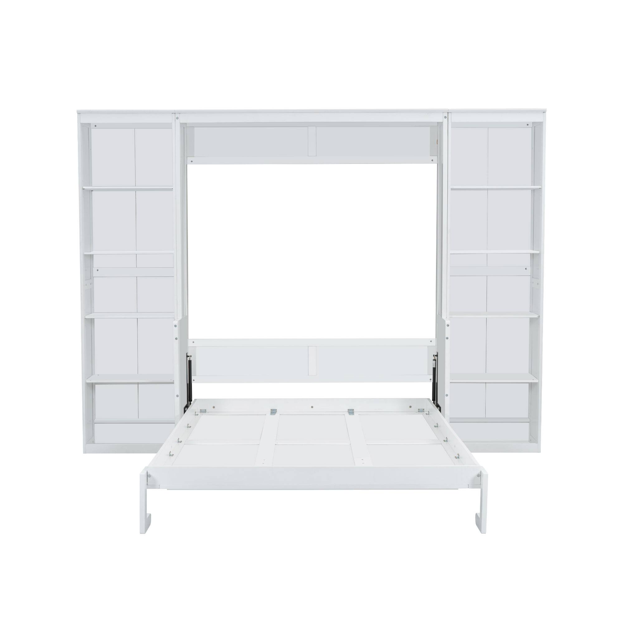 Alt View 2. Whisen - Queen Size Murphy Bed with Built-in Desk and Side Bookshelves, Foldable Space-Saving Bed Cabinet - White.