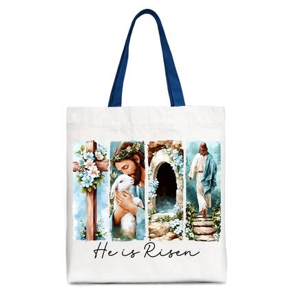Front. OrnamentallyYou - He Is Risen Christian Brushstroke Canvas Tote Bag, Festive Easter Gift Shopper - White Navy.