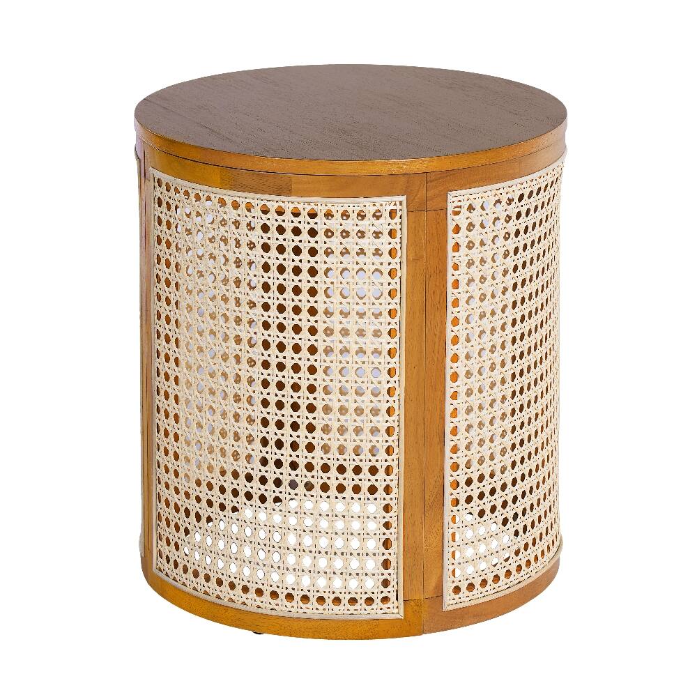 Alt View 2. Loheer - Loheer 15.7 Inch Round End Table Hollow Woven Side Table Rubber Wood Nightstand Rattan Tea Desk Ochre - Ochre.