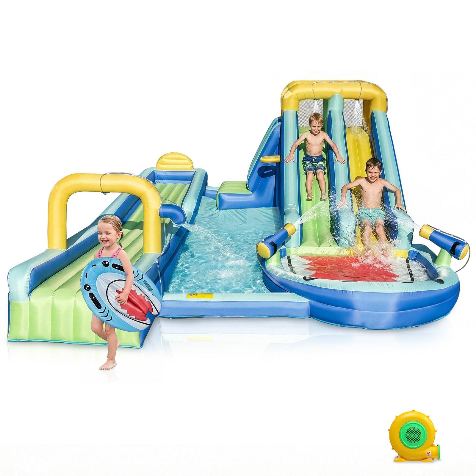 Left. Winado - Shark Theme Inflatable Water Slide with Extra-Long Slide, 19.3x15x7 Ft Kids Bounce House w/Inflatable Surfboard.