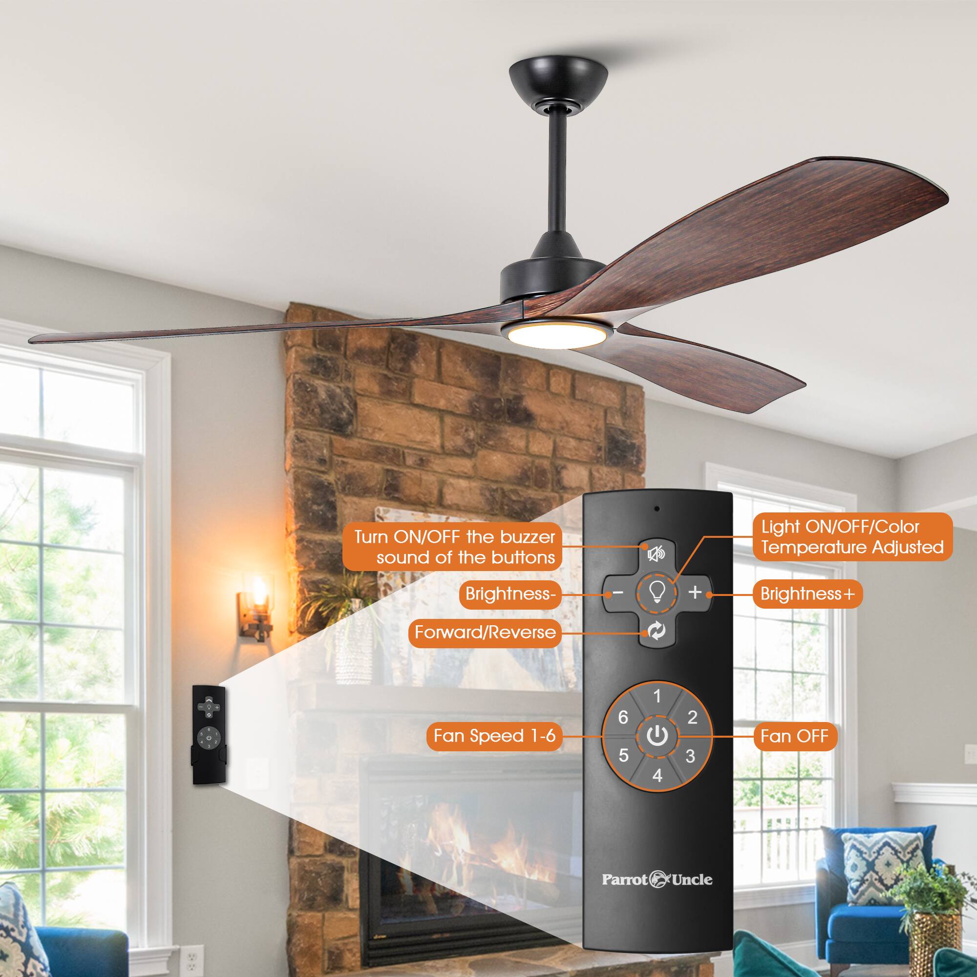 - Turn ON/OFF the buzzer sound of the buttons
- Light ON/OFF/Color Temperature Adjusted
- Brightness-
- Brightness+
- Forward/Reverse
- Fan Speed 1-6
- Fan OFF
- Parrot Uncle
