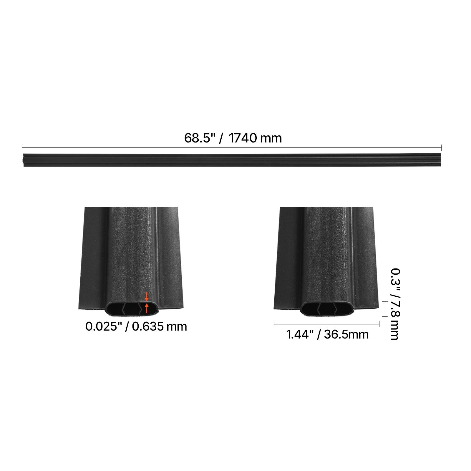 - Length: 68.5" / 1740 mm
- Thickness: 0.025" / 0.635 mm
- Width: 1.44" / 36.5 mm
- Height: 0.3" / 7.8 mm