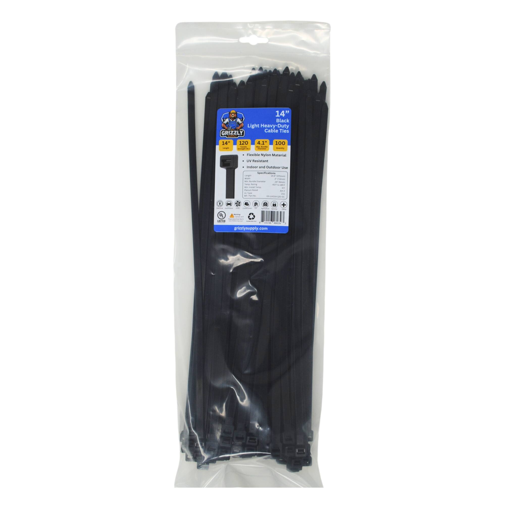 14" Black Light Heavy Duty Cable Ties GRIZZLY 14" : 120 - 4.1 -- M 100 Nylon Material - Indoor and Outdoor Use - GrizzlySupply.com