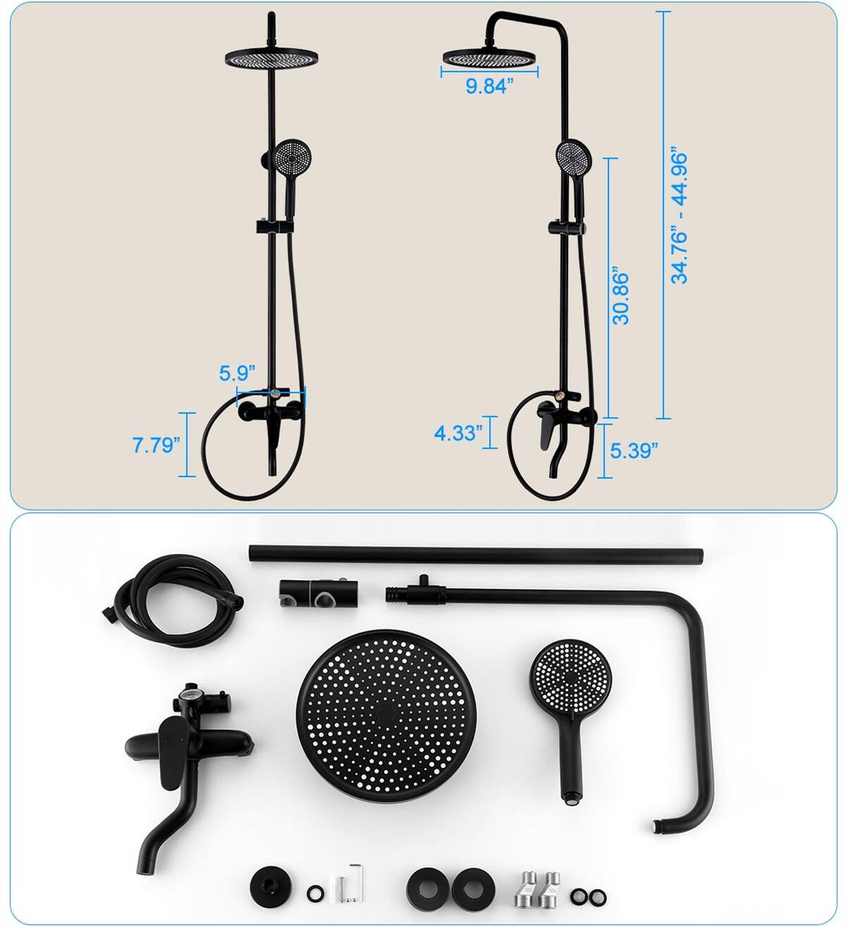 7.79"  
5.9"  
9.84"  
4.33"  
34.76" - 44.96"  
30.86"  
5.39"