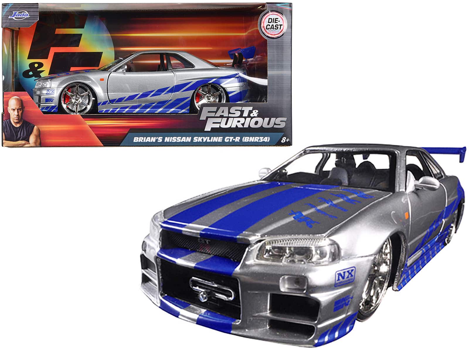 Jada - Brian's Nissan GTR Skyline R34 RHD (Right Hand Drive) Stripes "Fast & Furious" Movie 1/24 - Silver with Blue