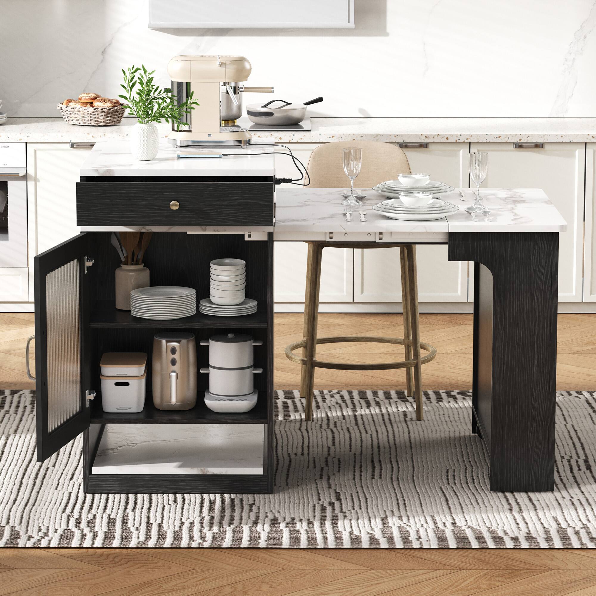 Front. PexFix - 59.5" Kitchen Island Cart with Extendable Dining Table and Built-in Power Outlet - Black.