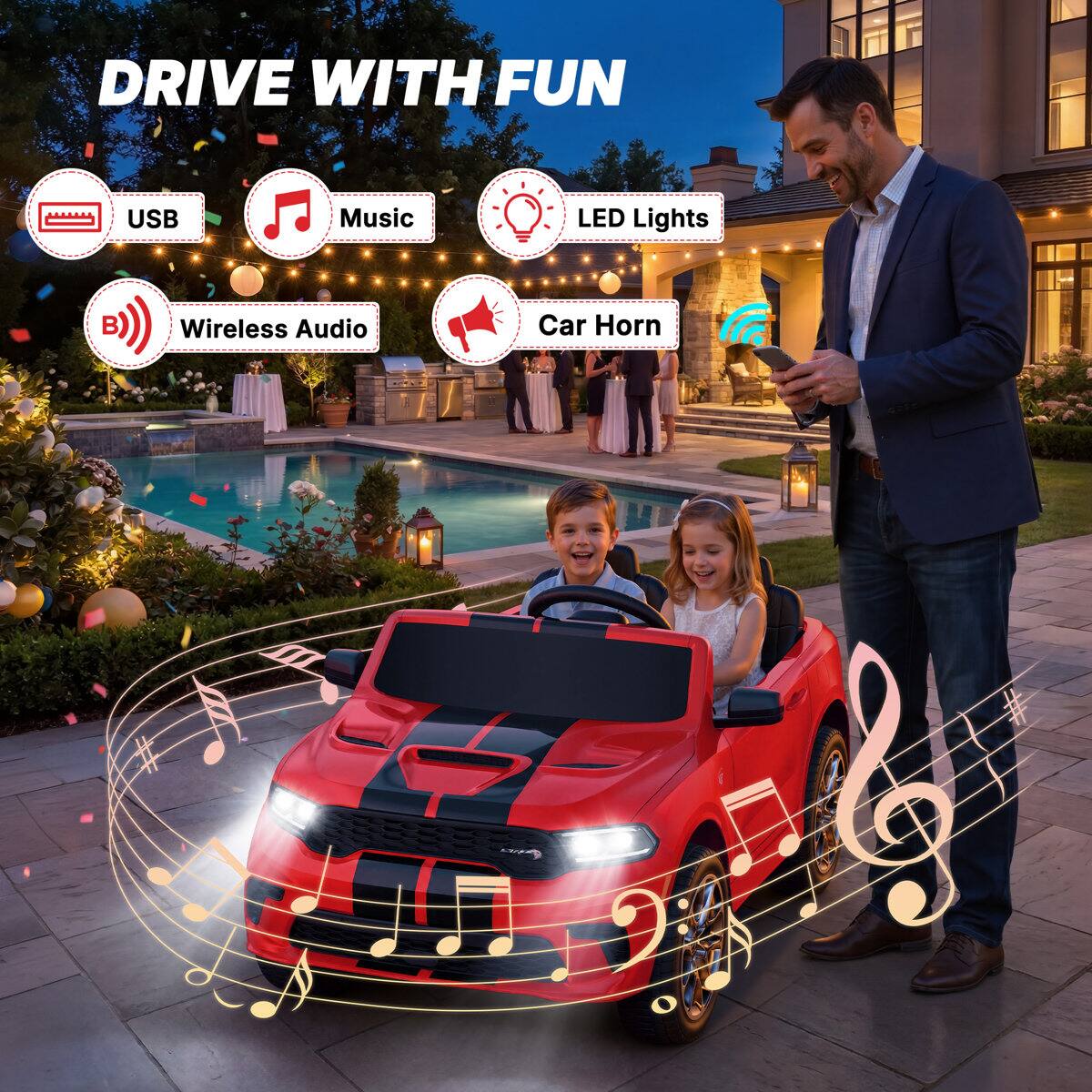 DRIVE WITH FUN

- USB
- Music
- LED Lights
- Wireless Audio
- Car Horn