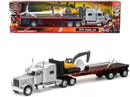 Peterbilt 389 Truck with Flatbed Trailer Silver Metallic with Excavator and Wind Turbine 1/32 Diecast Model by New Ray