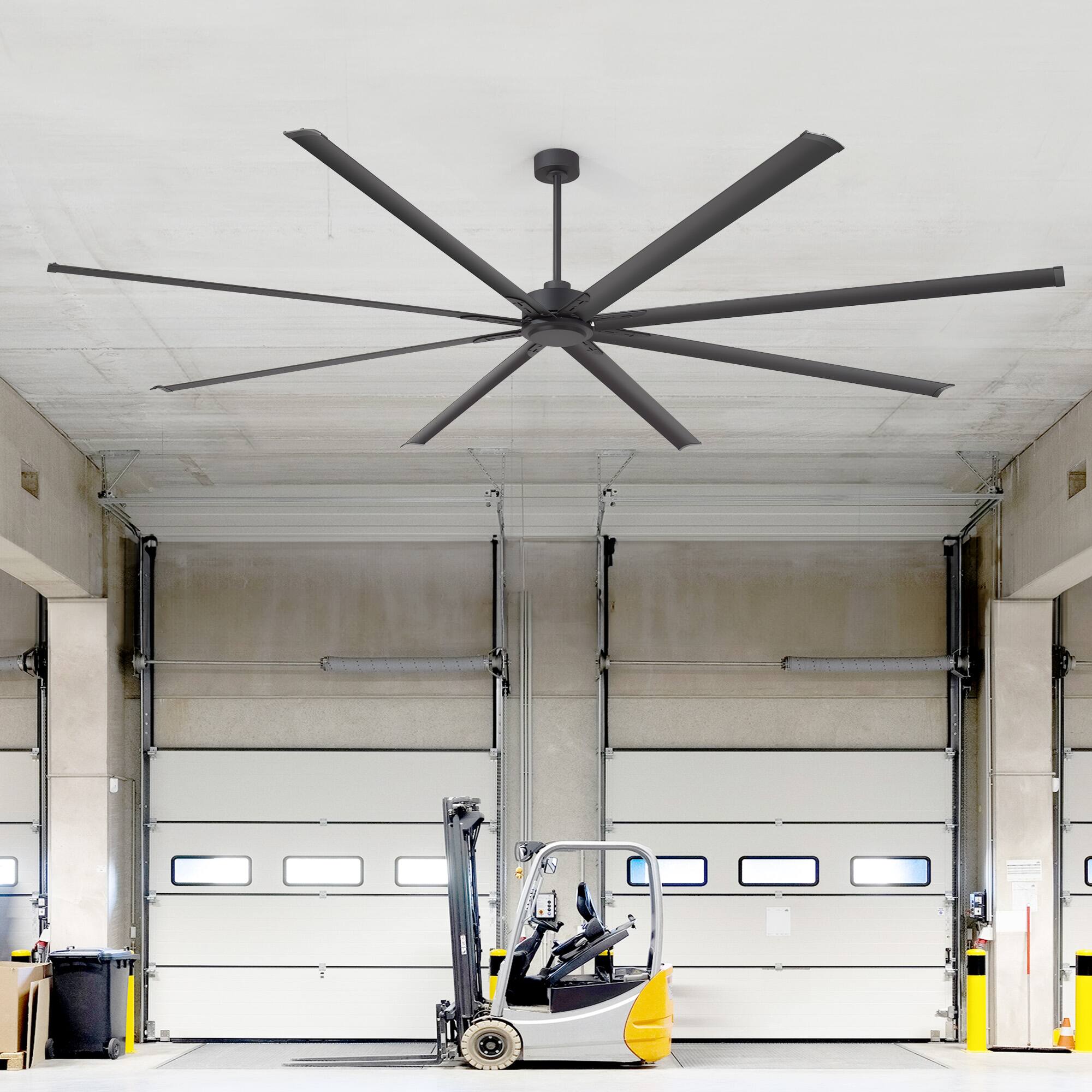 Left. Breezary - 120/144 Inch 12ft HVLS Industrial Ceiling Fan, DC Motor,  Aluminum Blades, Downrod Mount, High Airflow, Commercial Grade - 120-inch Black (8-Blade).