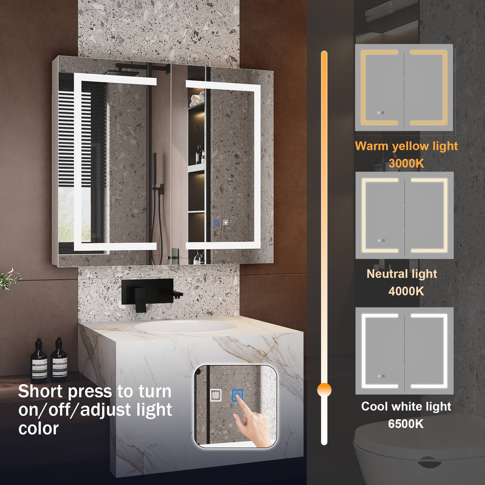 Warm yellow light | 3000K  
Neutral light | 4000K  
Cool white light | 6500K  

Short press to turn on/off/adjust light color