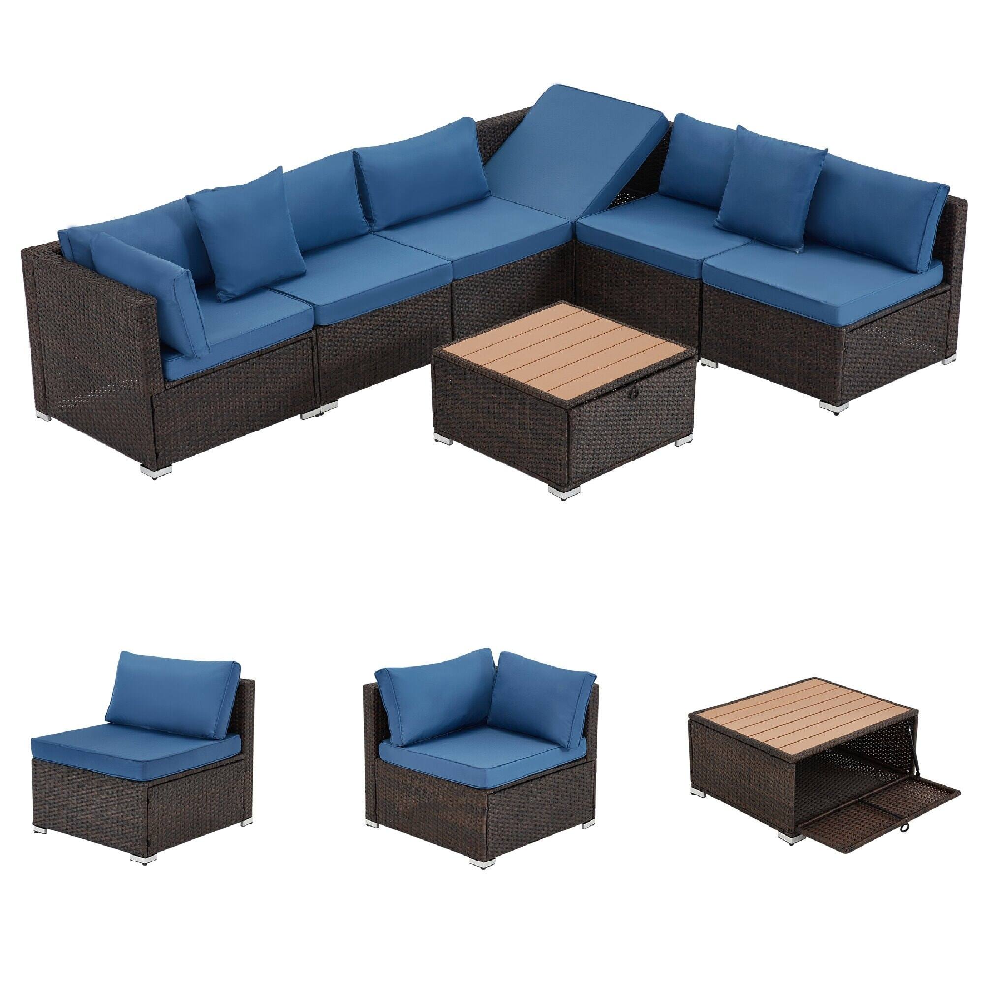 Alt View 4. U-HOMY - 7-Piece Modular Outdoor Rattan Sofa Set – All-Weather Wicker Patio Furniture with Storage Table, Cushions & Pillows - Blue.