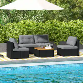 Gymax - Set Of 5 Outdoor Furniture Set w/ Seat & Back Cushions Acacia Wood Tabletop - Gray, Black