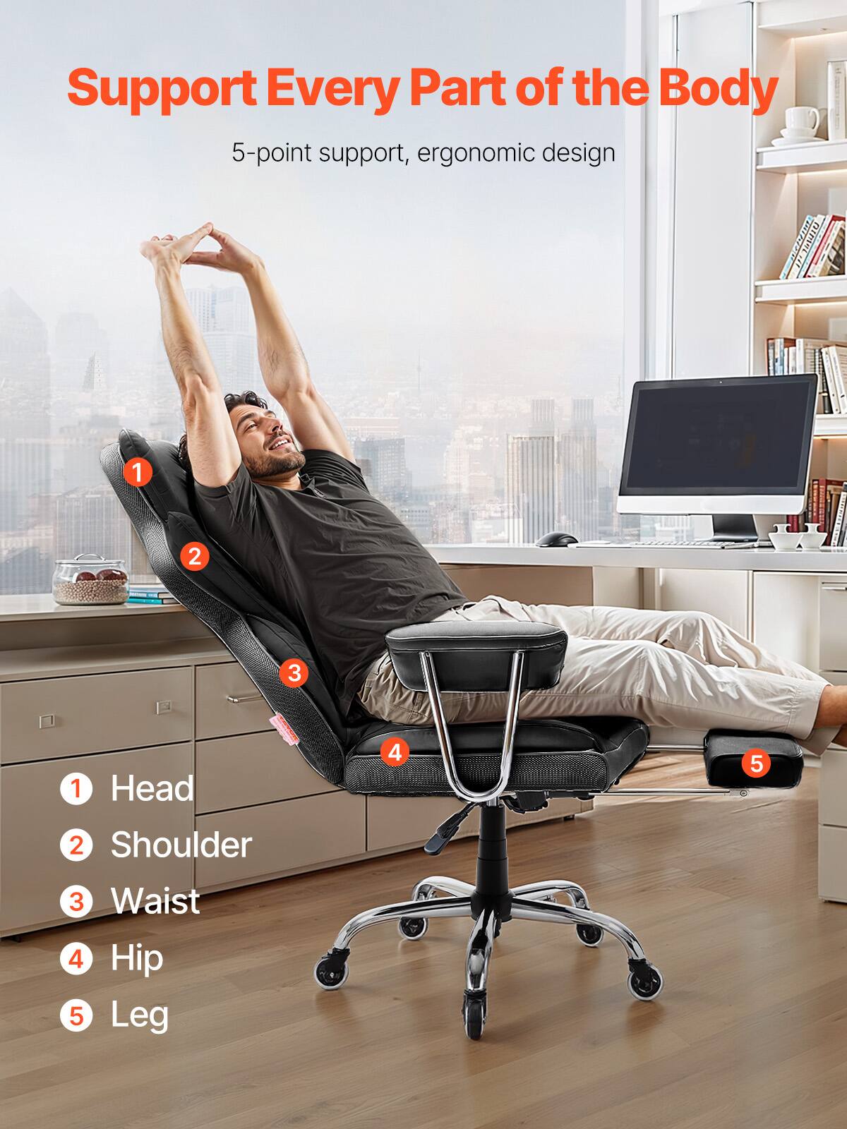 Support Every Part of the Body

5-point support, ergonomic design

1. Head
2. Shoulder
3. Waist
4. Hip
5. Leg
