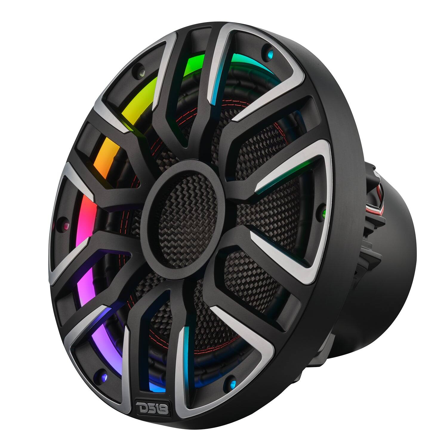 Left. DS18 Audio - 10" Marine Subwoofer With Carbon Fiber Cone, Neodymium Magnet and Digital LED Lights | 600W RMS 4-Ohm - Black - Black.