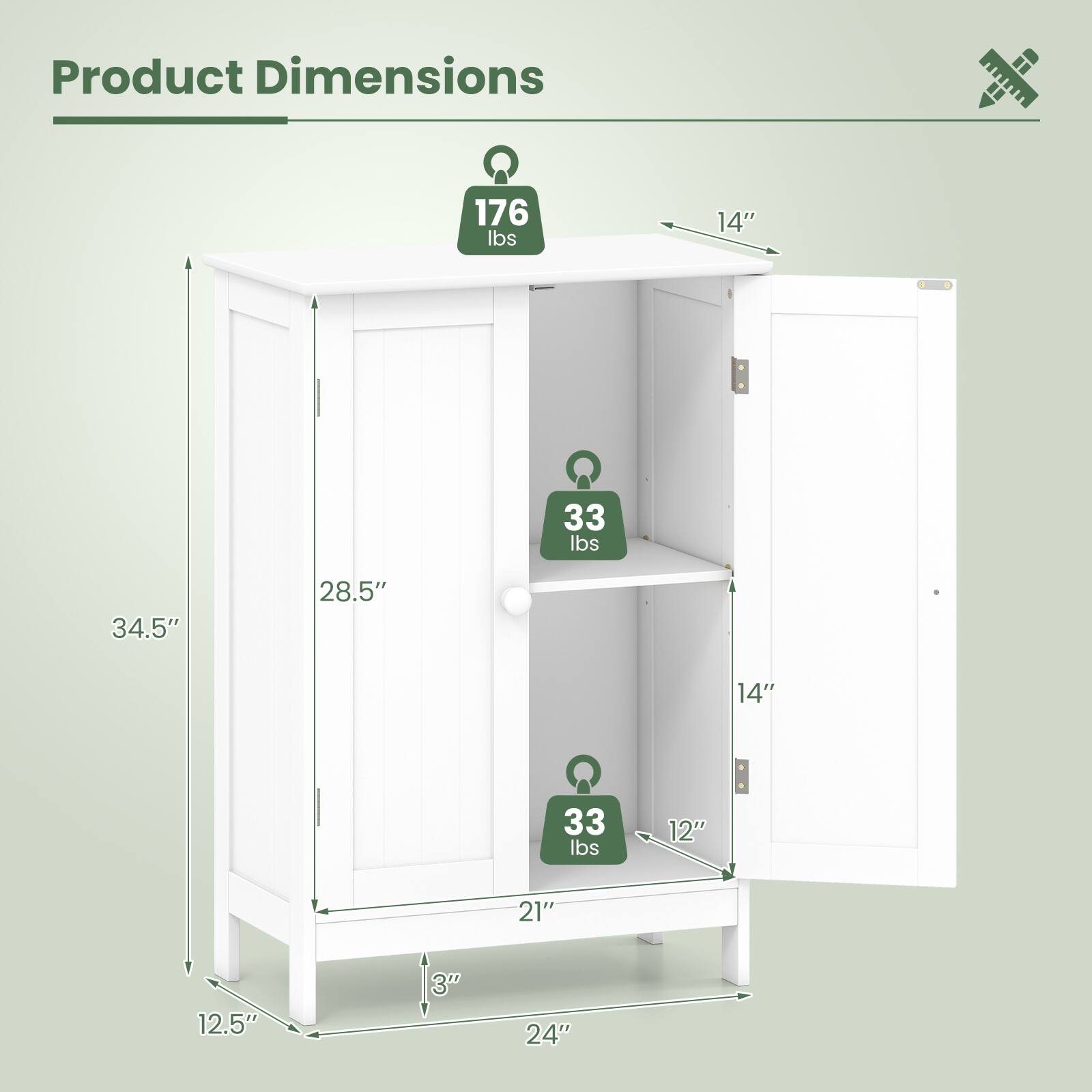 Product Dimensions:  
- 176 lbs  
- 34.5" (height)  
- 14" (width)  
- 28.5" (depth)  
- 33 lbs (shelf capacity)  
- 14" (shelf depth)  
- 12" (shelf depth)  
- 21" (shelf width)  
- 12.5" (base width)  
- 3" (base depth)  
- 24" (base width)