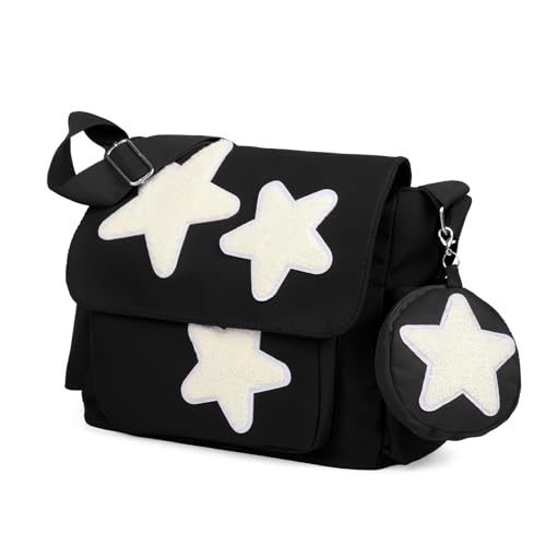 Front. Vulpecula Spade - Messenger Bag,Canvas Messenger Bag with Star Purse,Crossbody Bag for Women - Black.