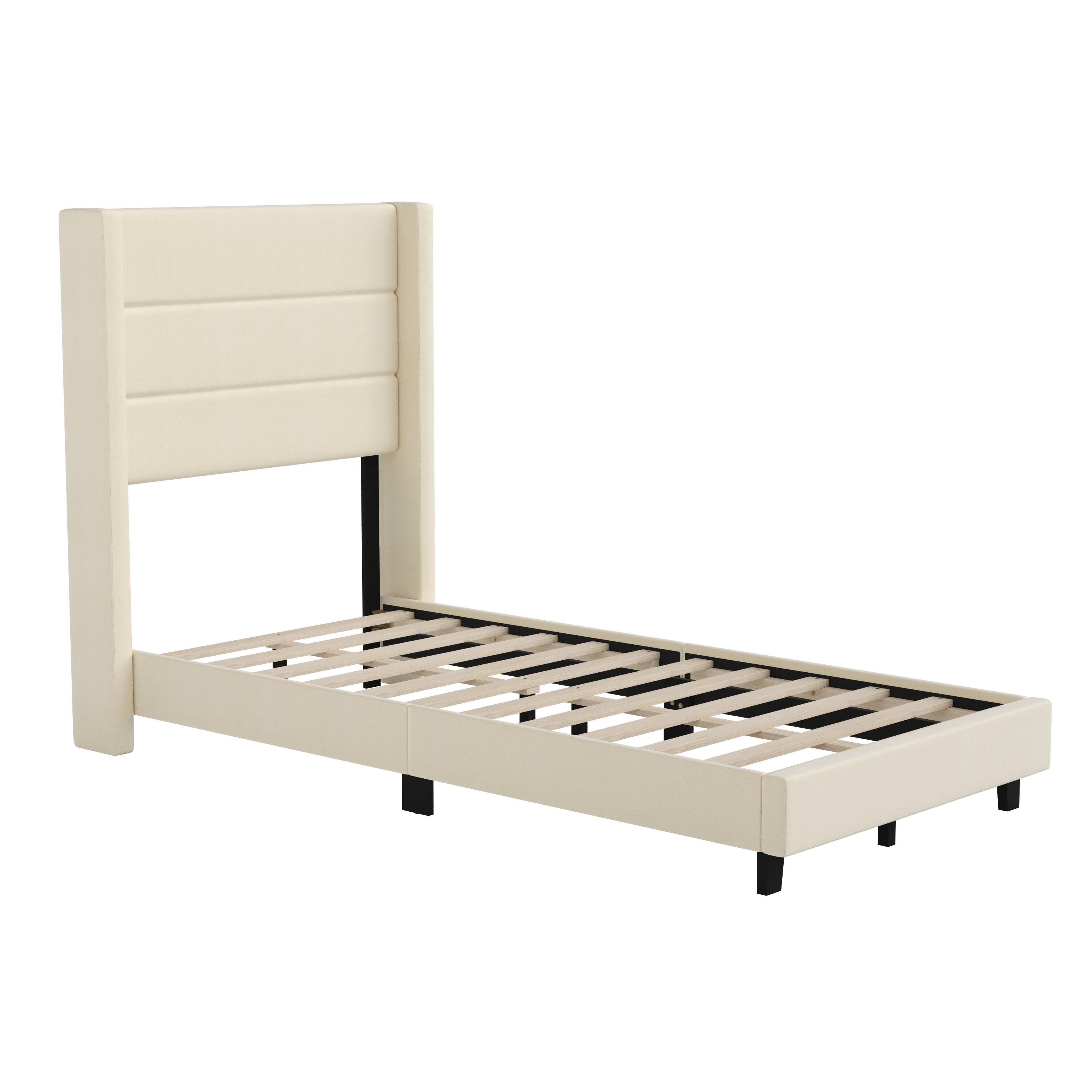 Alt View 1. Emma + Oliver - Upholstered Platform Bed with Wingback Headboard - Beige.
