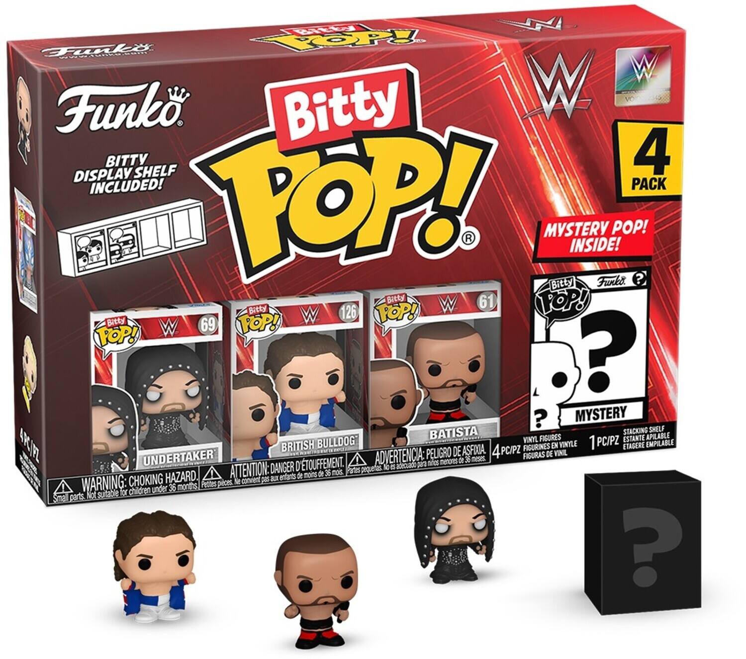 Sure, here is the corrected and grouped text from the image:

---

**Funko**

**Bitty POP!**

**BITTY DISPLAY SHELF INCLUDED!**

**4 PACK**

**MYSTERY POP! INSIDE!**

**Bitty POP!**

- **61** UNDER TAKER
- **126** BRITISH BULLDOG
- **69** BATISTA

**MYSTERY**

**STACKING SHELF 4R VINYL FIGURES**

**ESTANTE APILABLE**

**1 PC/PZ**

**ETAGERE EMPILABLE**

**4PC/PZ**

**FIGURINES EN VINYLE**

**FIGURAS DE VINIL**

**ADVERTENCIA: PEQUEÑAS PIEZAS**

**ATTENTION: DANGER DE DETOUPEMENT**

**WARNING: CHOKING HAZARD**

**Small parts Not suitable for children under 36 months**

**Petites pièces conviennent aux enfants de moins de 36 mois**

**Pequeñas piezas no son adecuadas para niños menores de 36 meses**

**3 meses**

**36 months**

**36 mois**

**36 months**

**36 mois