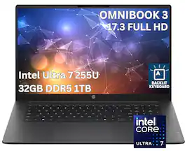 HP - Upgraded - OmniBook 3 17.3" Full HD Laptop - Intel Core Ultra 7 (2025) - 32GB Memory - 1TB SSD-Windows 11 Home - Black