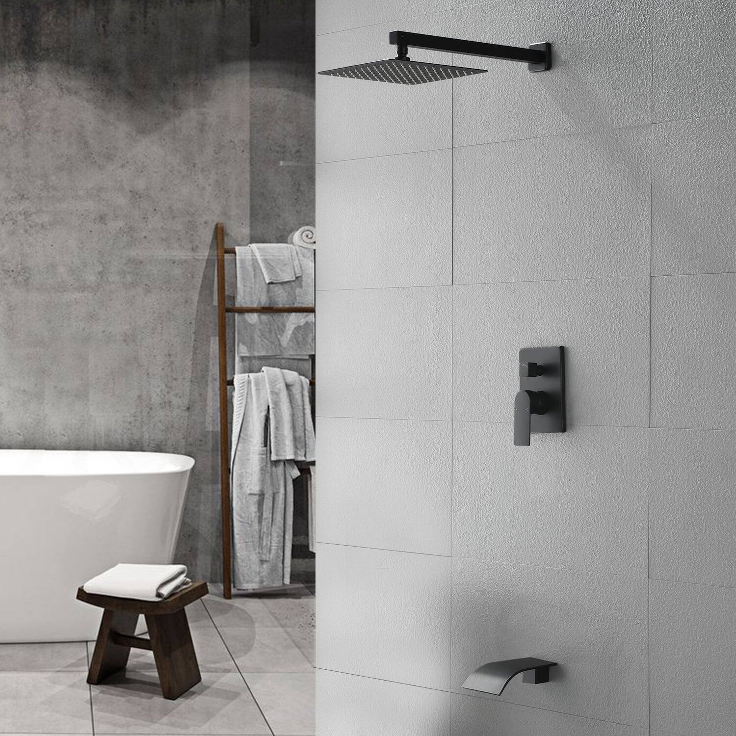 Alt View 7. Boyel Living - Single Handle 1 Spray Tub and Shower Faucet with 10 Inch Square Fixed Shower in Matte Black Valve Included - Matte Black.