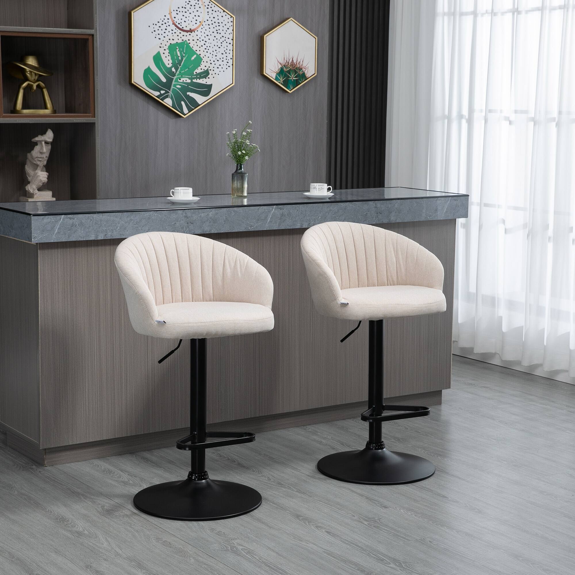 Alt View 1. Homcom - Adjustable Bar Stools Set of 2, Linen Upholstered, Swivel Seat, Counter Height, Beige - White.