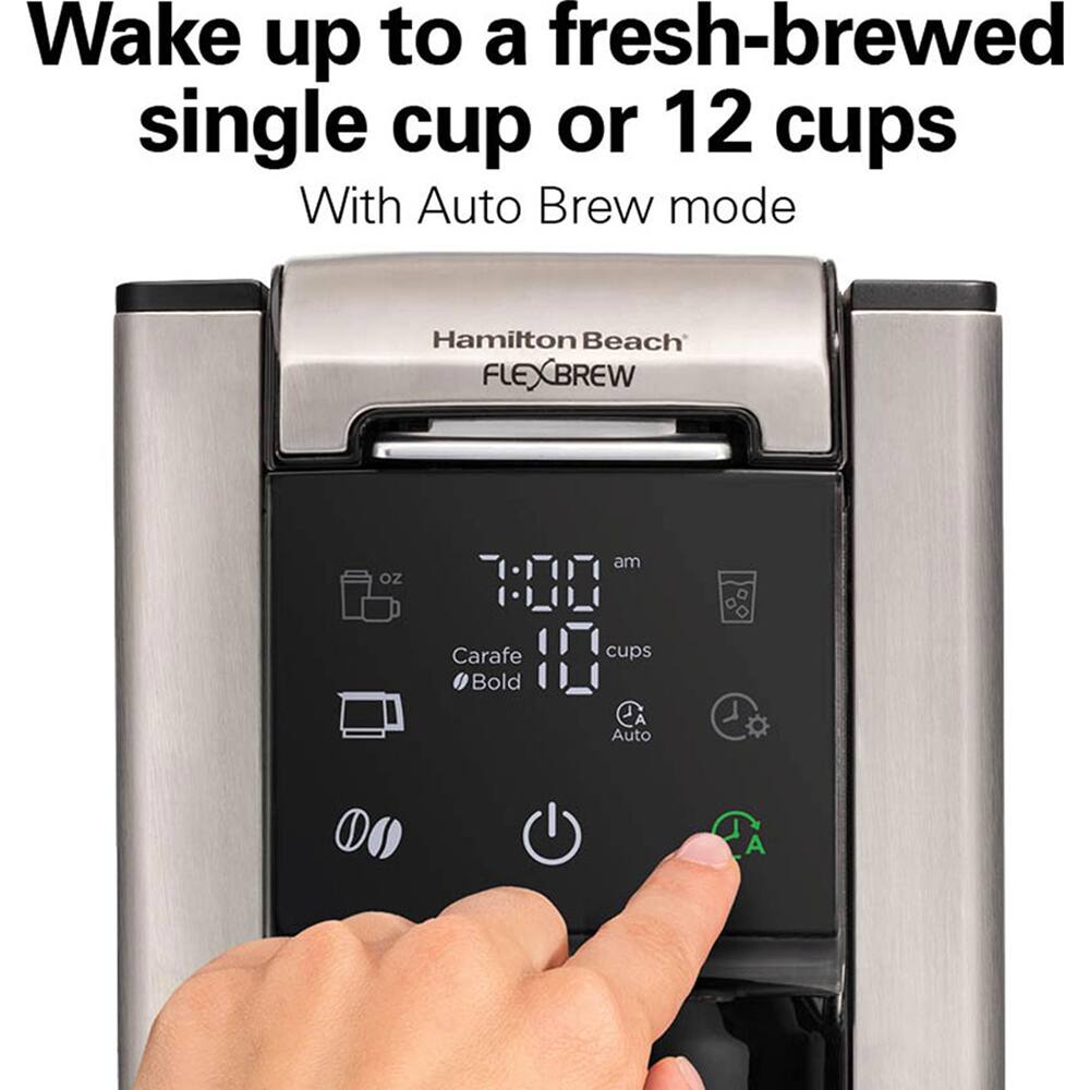 Wake up to a fresh-brewed single cup or 12 cups  
With Auto Brew mode  

Hamilton Beach FLEXBREW  

7:00 am  
10 oz  
Carafe  
Bold  
Auto