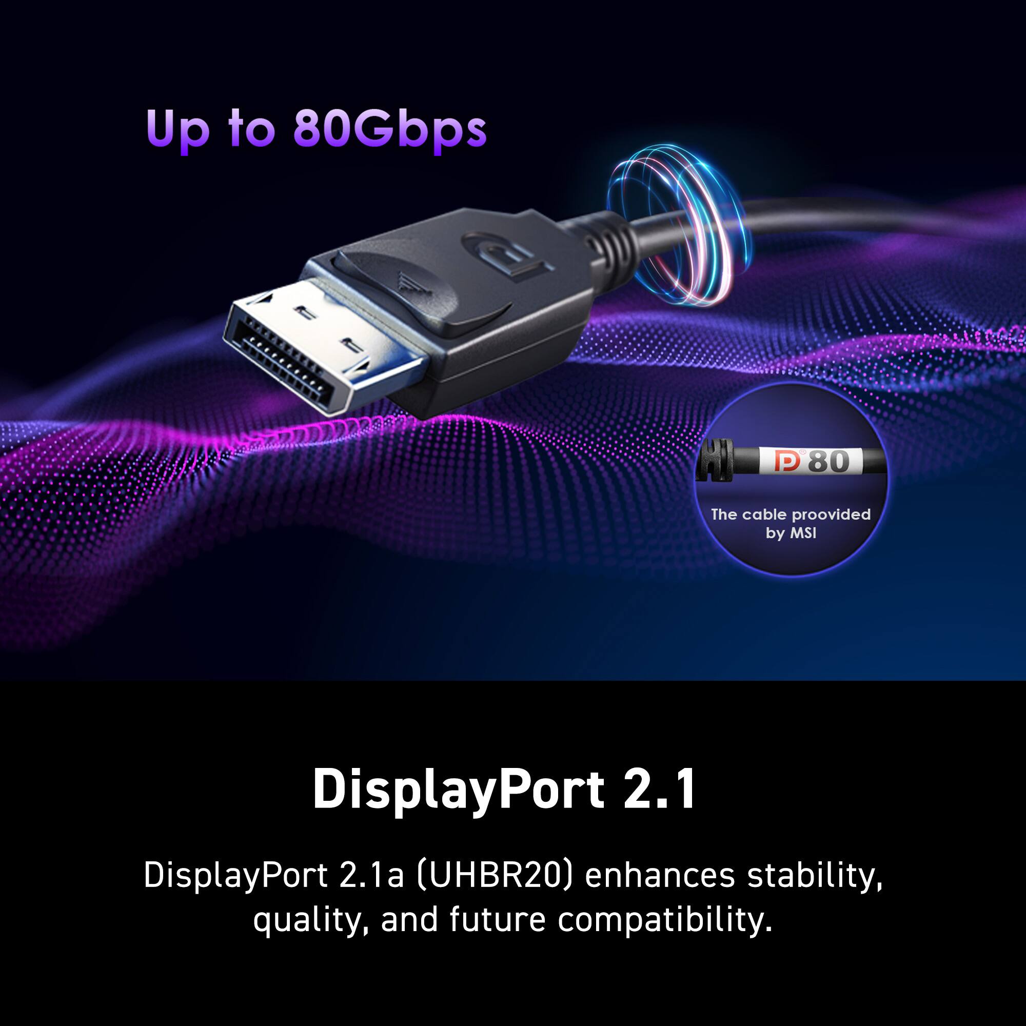 Up to 80Gbps i  P 80 The cable provided by MSI DisplayPort 2.1 DisplayPort 2.1a (UHBR20) enhances stability, quality, and future compatibility.