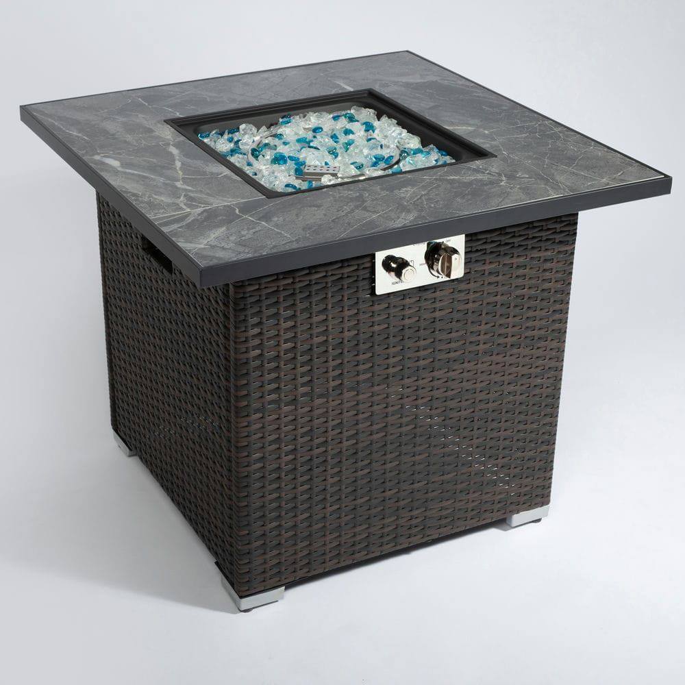 Angle. Resenkos - 30" Propane Gas Fire Pit Table, 50000 BTU Square Fire Pit, Tile Tabletop with Beautiful Wicker Base, Brown.