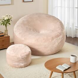 Ovios - 59" Big Bean Bag Chair with Flannel Cover and Ottoman for Living Room Bedroom - Beige