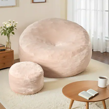 Front. Ovios - 59" Big Bean Bag Chair with Velvet Cover and Ottoman for Living Room Bedroom - Beige.