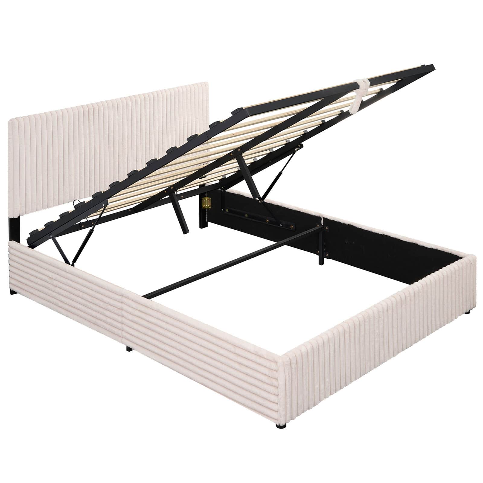 Gymax - Queen Size Lift-up Storage Bed w/Hydraulic Lifts Wooden Slat Support - Beige