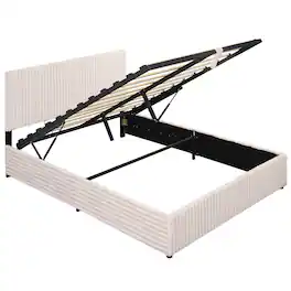 Gymax - Queen Size Lift-up Storage Bed w/Hydraulic Lifts Wooden Slat Support - Beige