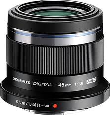 Front. Olympus - M.ZUIKO DIGITAL 45-45 mm f/1.8-22 Fixed Lens For E-M5, E-P3, E-P5, E-PL3 - Black.