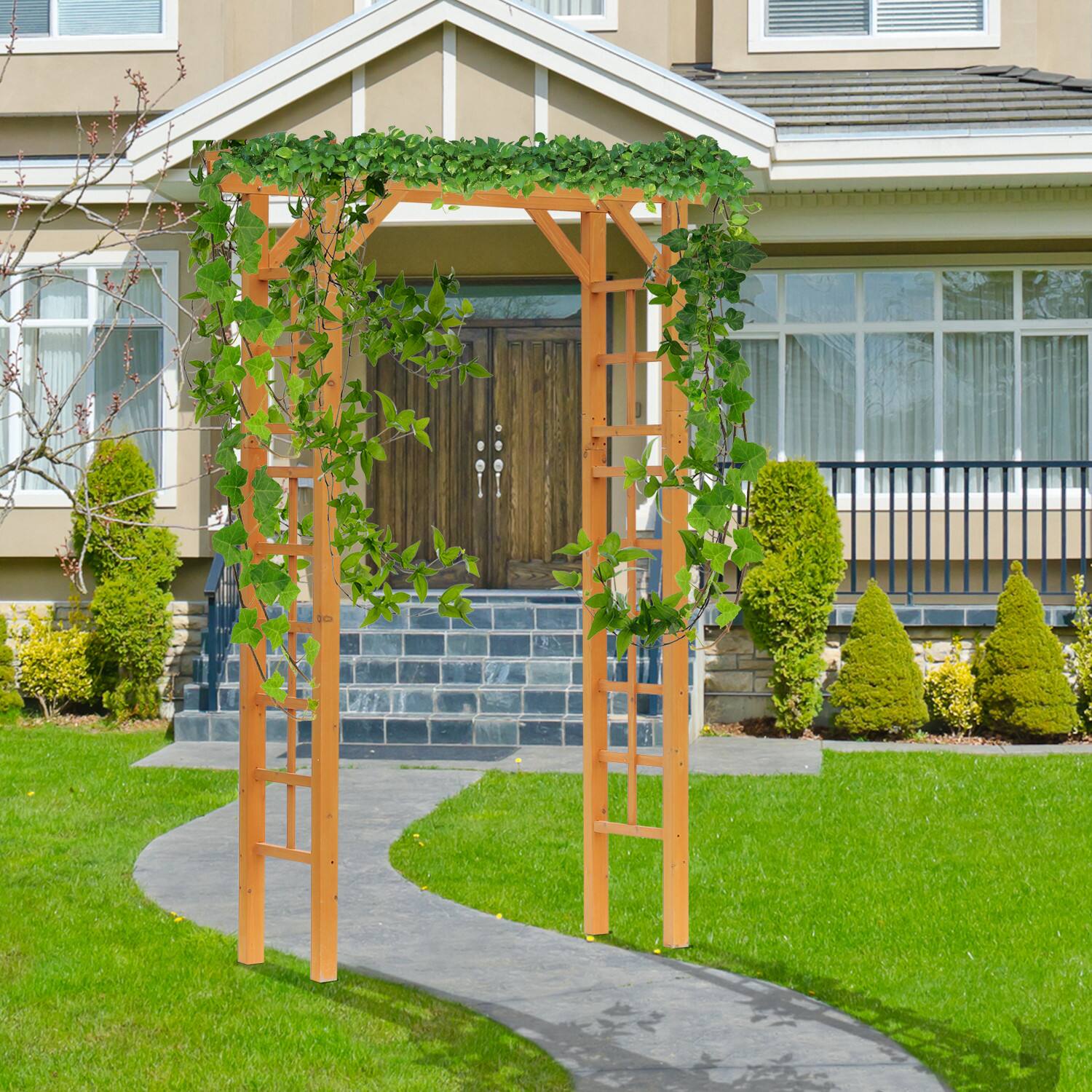 Alt View 1. Outsunny - Wood Steel Outdoor Garden Arched Trellis Arbor with Natural Fir Wood & Side Panel for Climbing Vines - Orange.