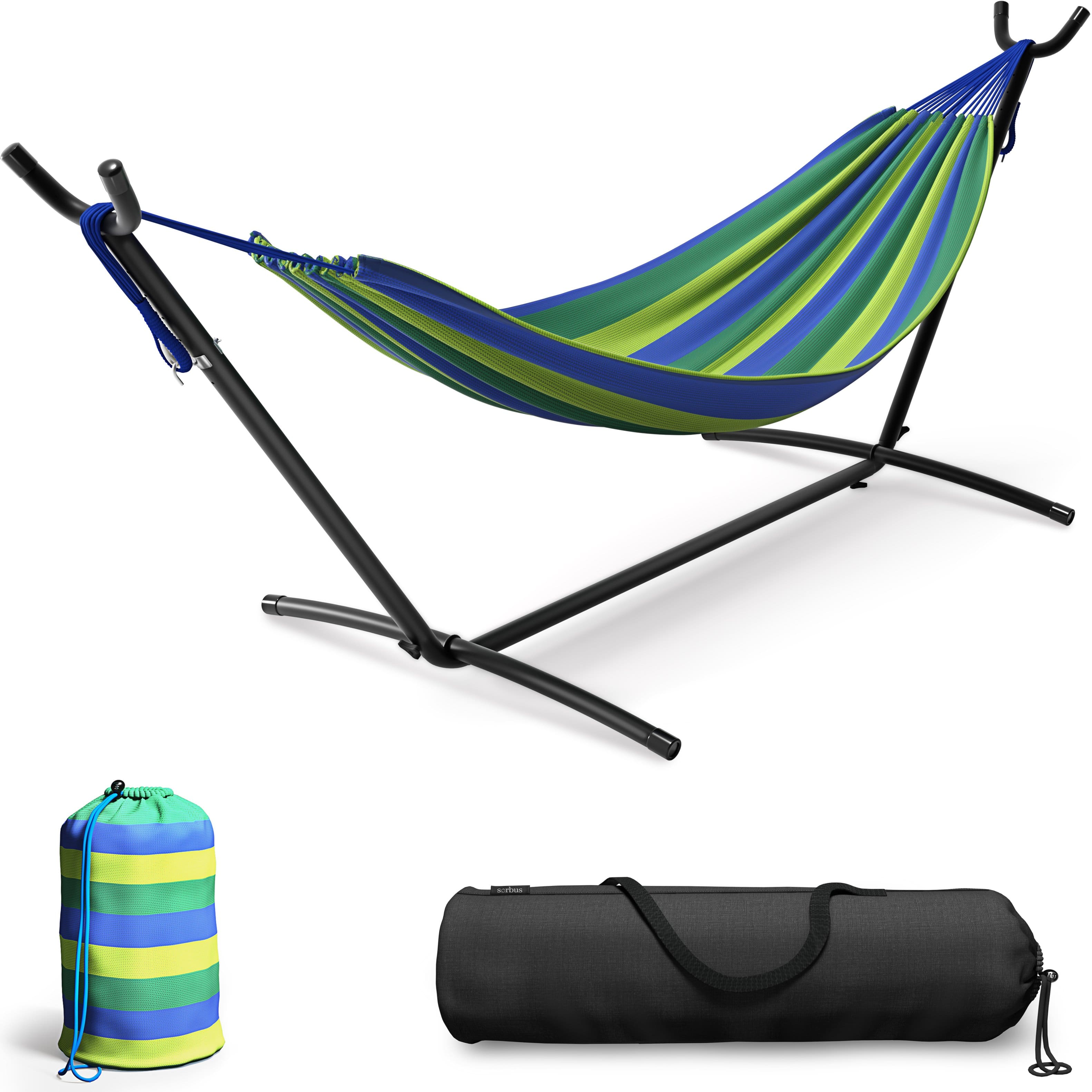 Front. Sorbus - Sorbus Double Hammock With Steel Stand - Portable Carrying Case Included - Blue/green stripes.