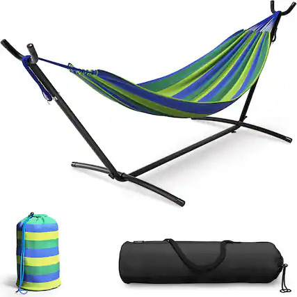 Front. Sorbus - Sorbus Double Hammock With Steel Stand - Portable Carrying Case Included - Blue/green stripes.