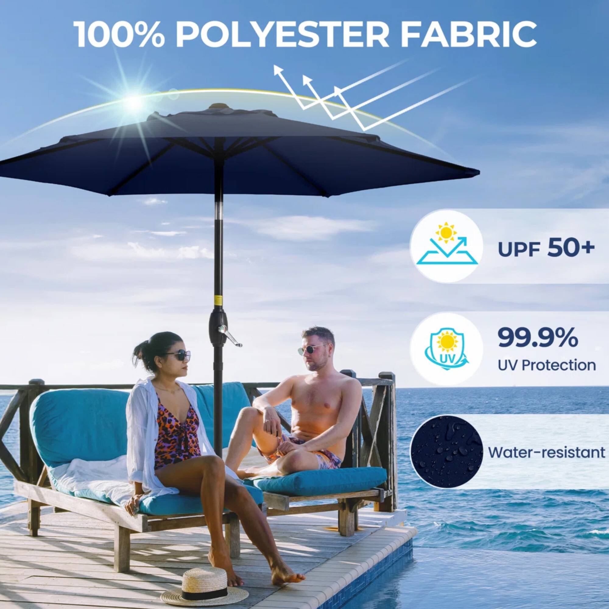 100% POLYESTER FABRIC  
UPF 50+  
99.9% UV Protection  
Water-resistant
