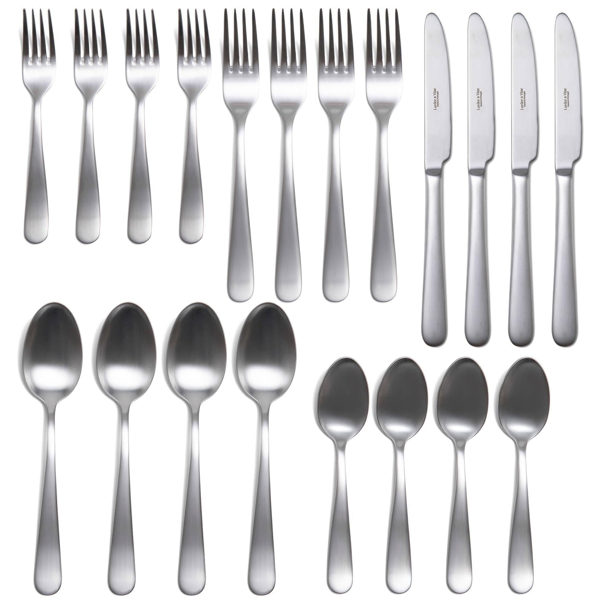 Front. Larder & Vine - 20-Piece Classic Flatware Set for 4, Made in Portugal from 18/10 Stainless Steel - Polished Silver.